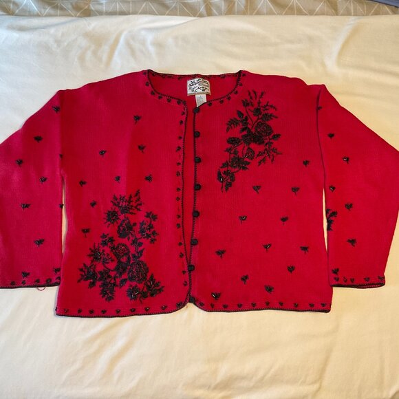 Heirloom Collectibles Women Large Sweater Cardigan Red Beaded Buttoned - Picture 1 of 15